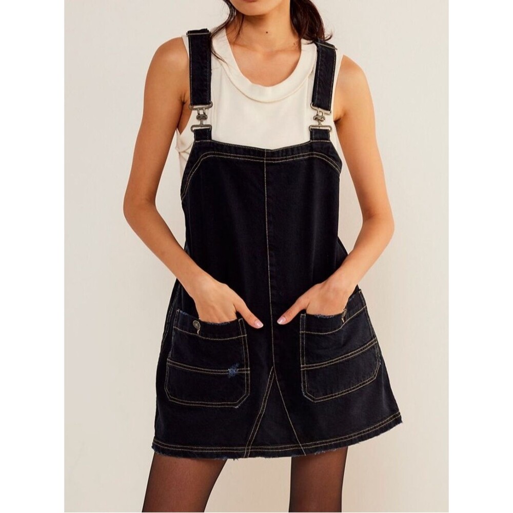 Free People We The Free Overall Smock Mini Top Dress Blue Black Small NEW NWT